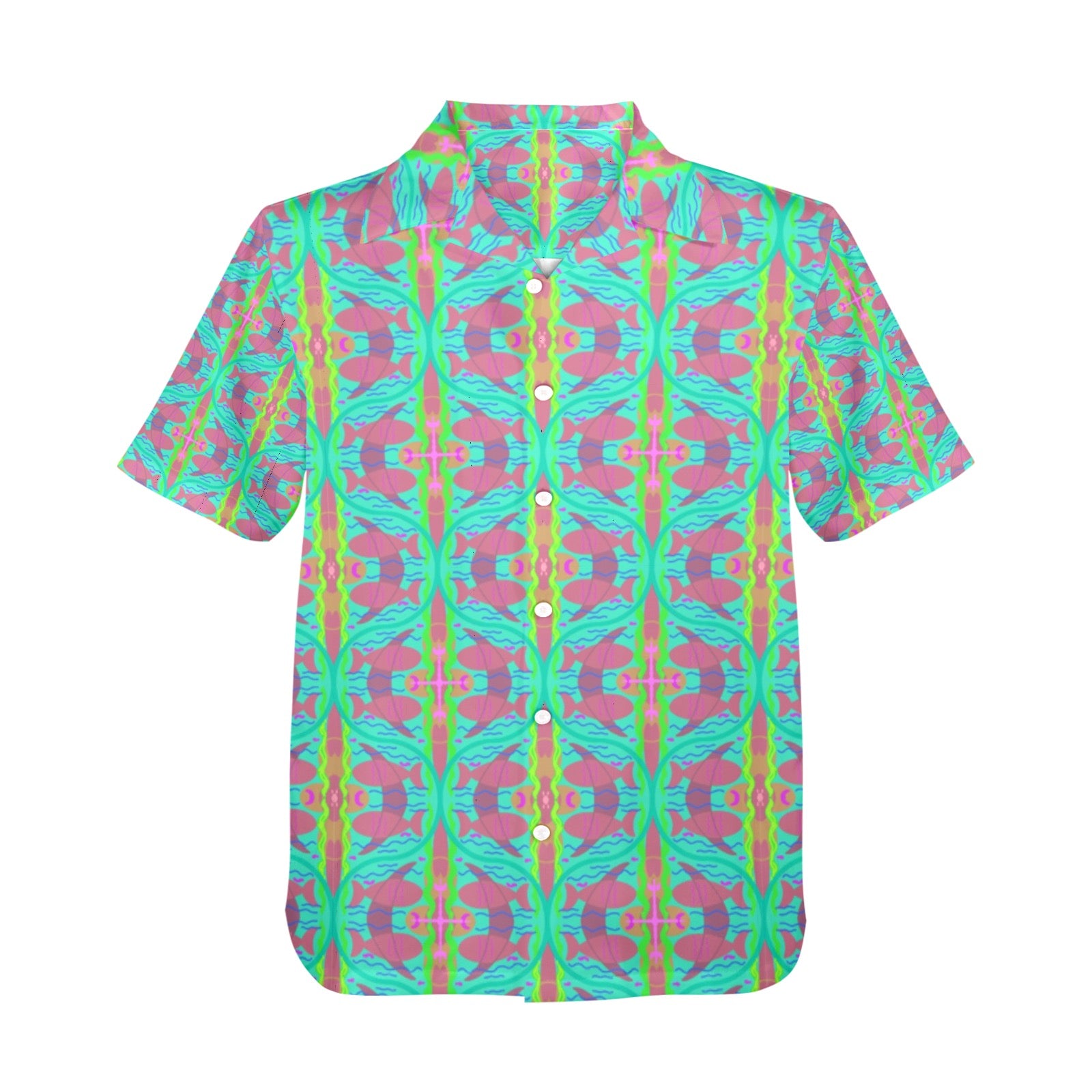 Men's All Over Print Hawaiian Shirt Made In USA Ships to USA Only FISH SMALL AQUA